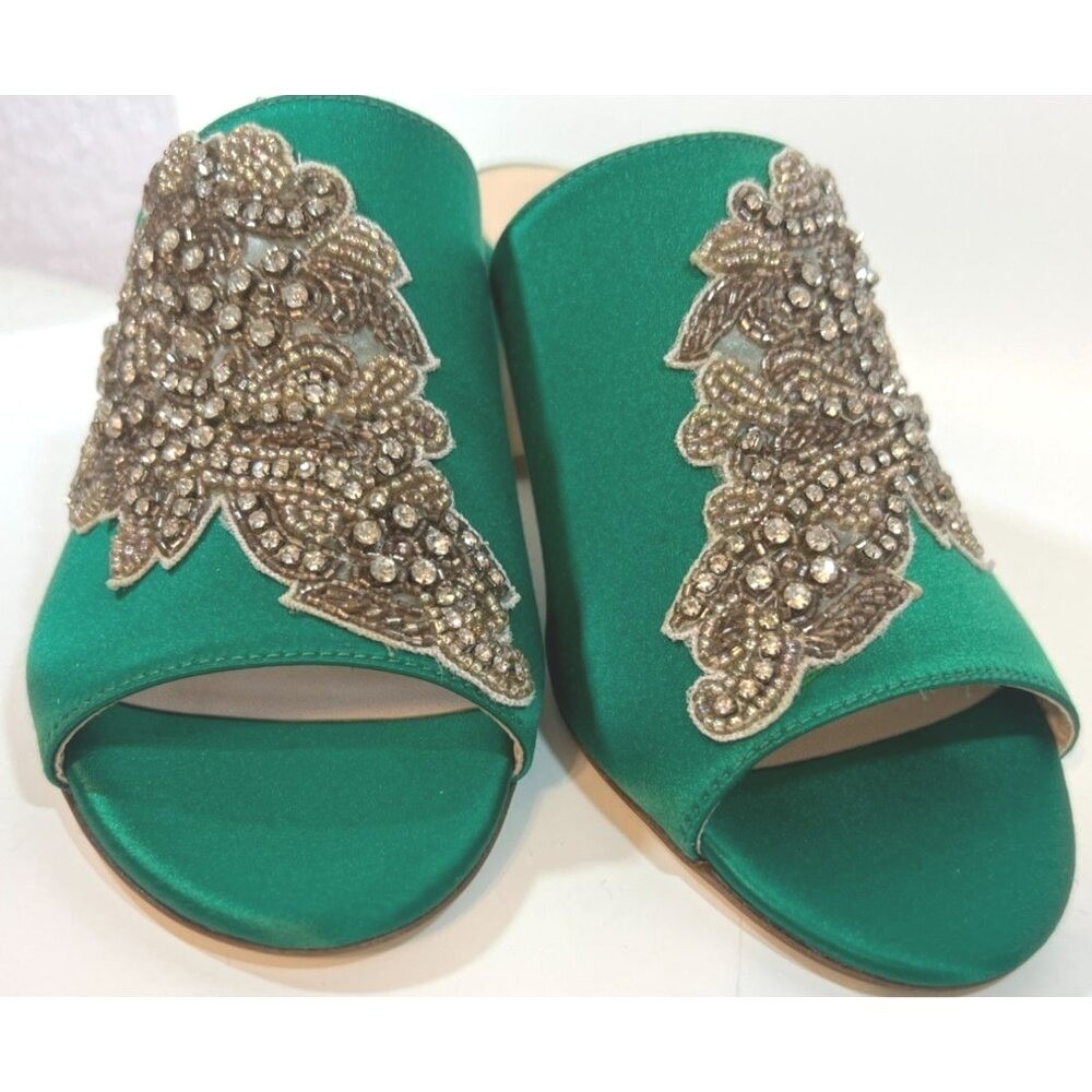 Green Satin Mules Shoes Embellished Detailing US 6.5 / 7 EU 37 Spain Prom Easter - Picture 7 of 8